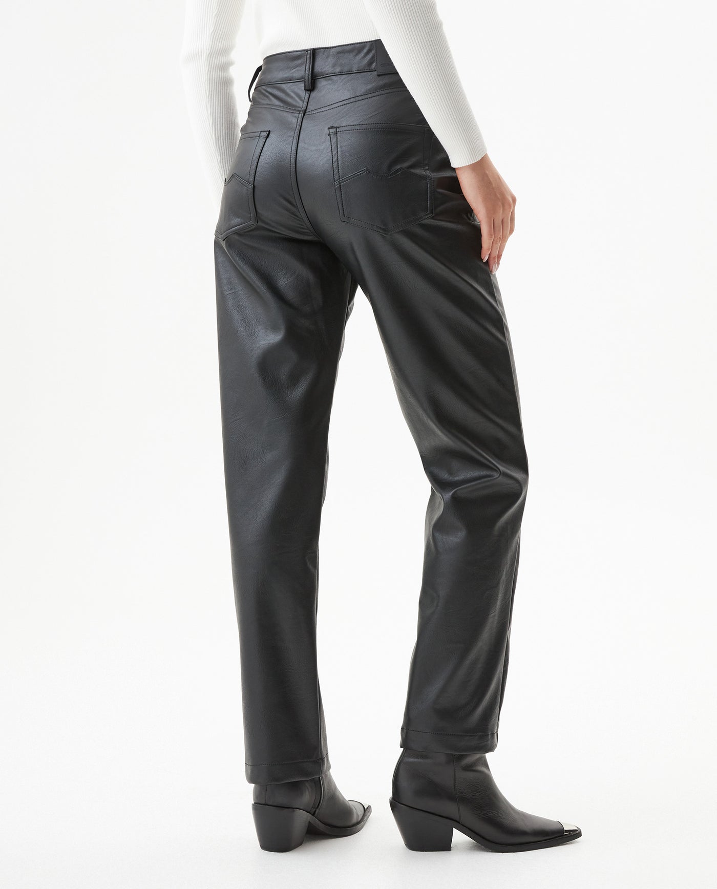 Women's Matte Leather Effect Straight Fit High Rise Pants in Polyurethane-Polyester Blend, Nocturne - 5