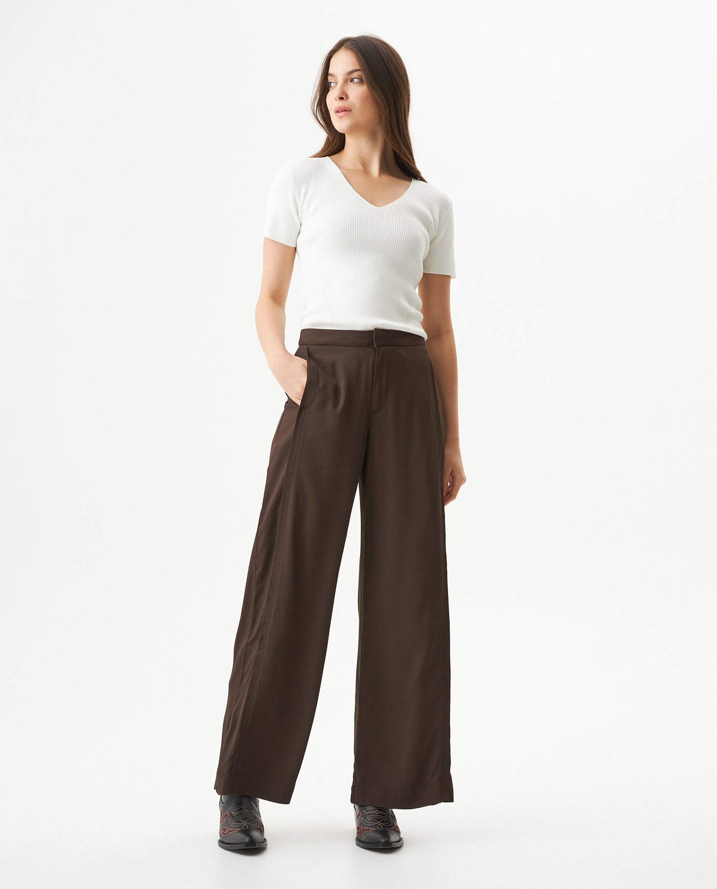 Women's Vertical Cut Wide Leg Pants High Rise in Viscose-Rayon Blend, Evening - 3