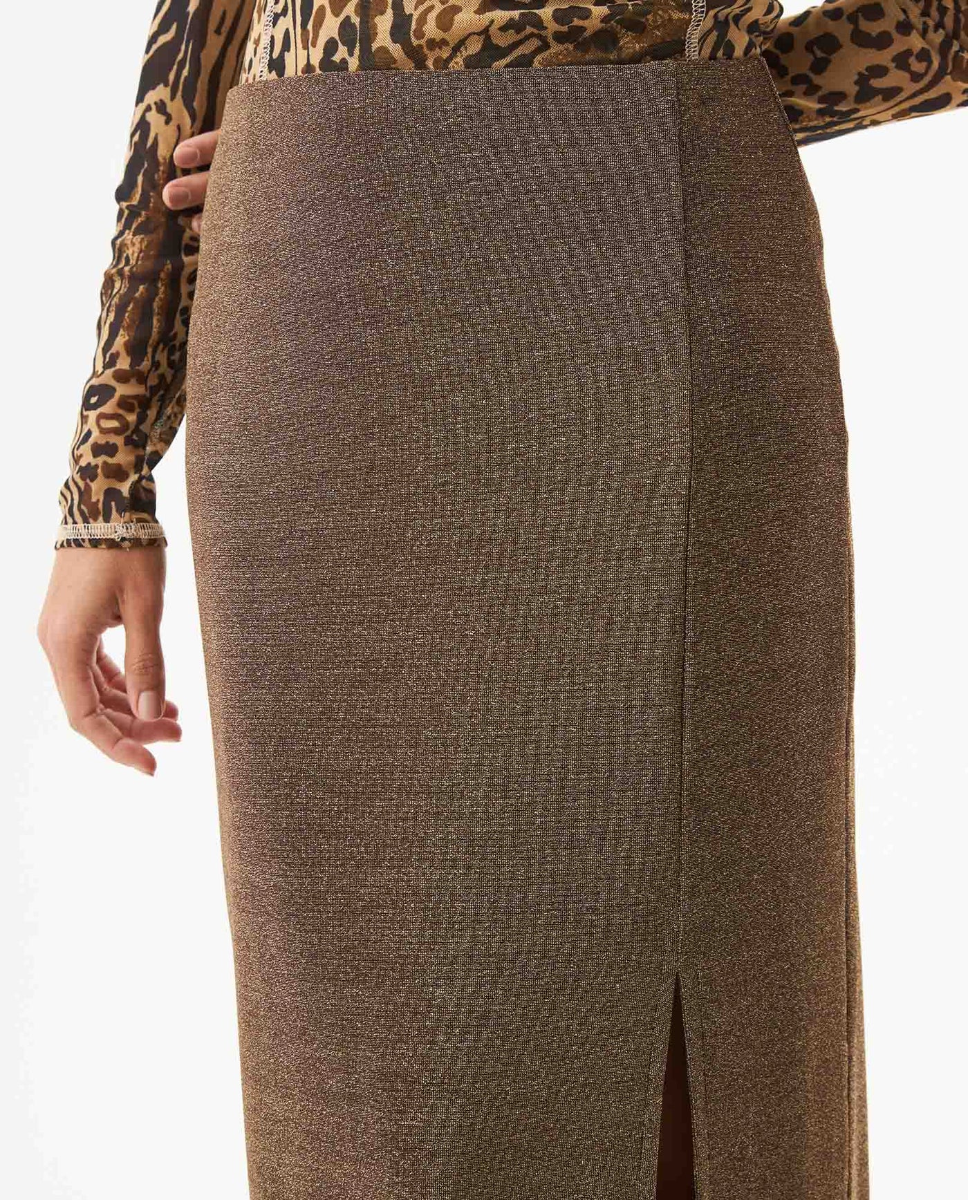 Women's Side Slit Shiny Midi Skirt in Nylon-Modal Stretch Blend, Sparkle - 4