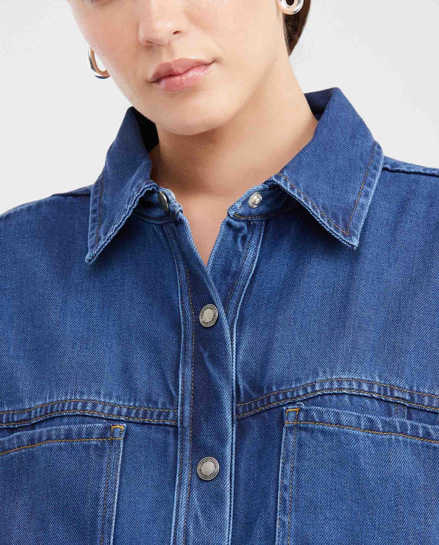 Women's Short Sleeve Cargo-Style Denim Dress with Belt in Lyocell-Rayon-Polyester - 2