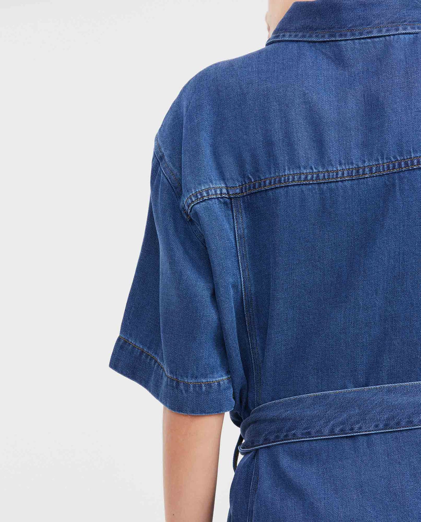 Women's Short Sleeve Cargo-Style Denim Dress with Belt in Lyocell-Rayon-Polyester - 5