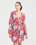 Women's Short Wrap Dress with Side Tie and Floral Maxi Print in Rayon