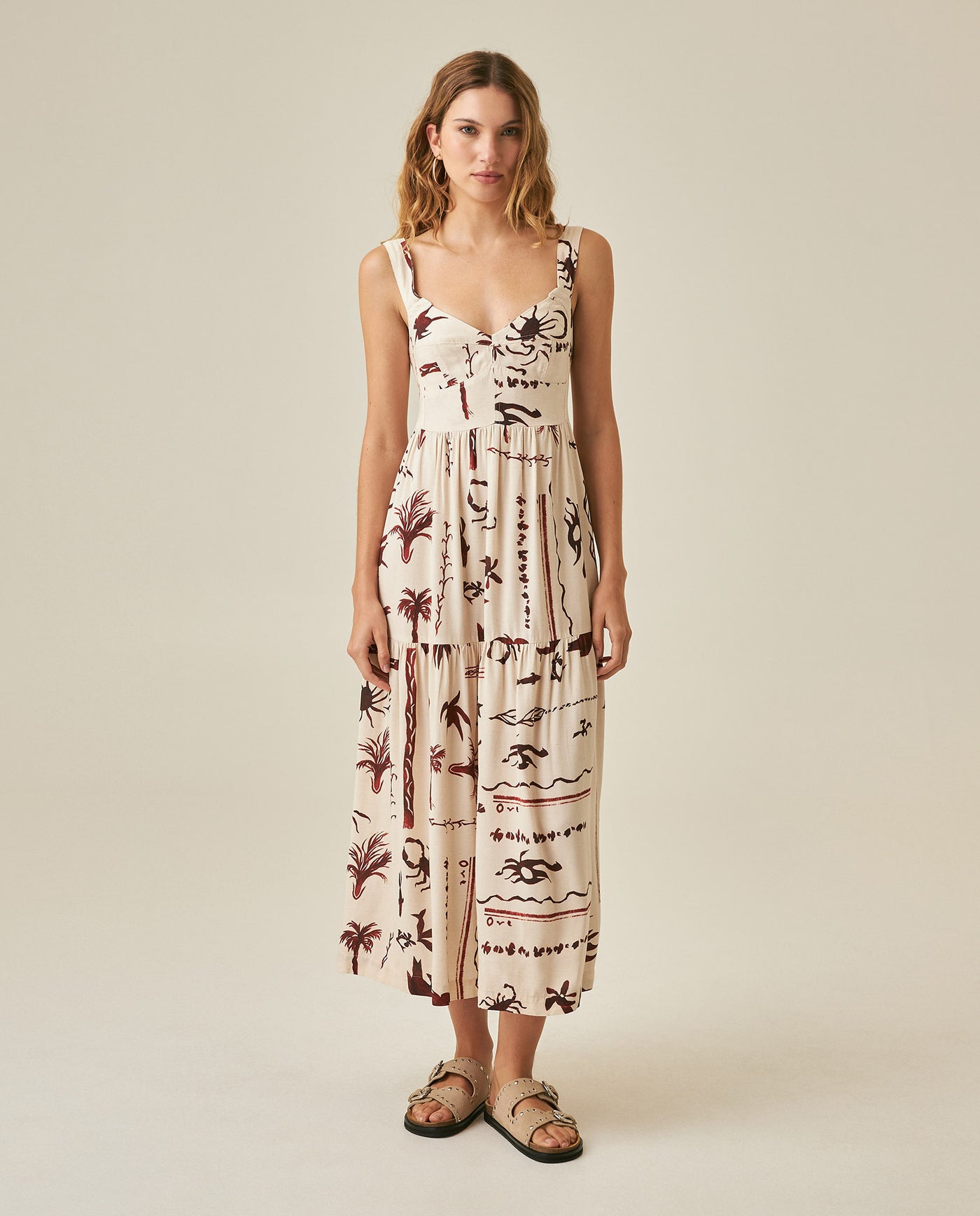 Womens Dress Midi A-Line Silhouette Viscose–Linen Print Smocked Back V-Neck - Raw 63_771H000_CRU131011_4