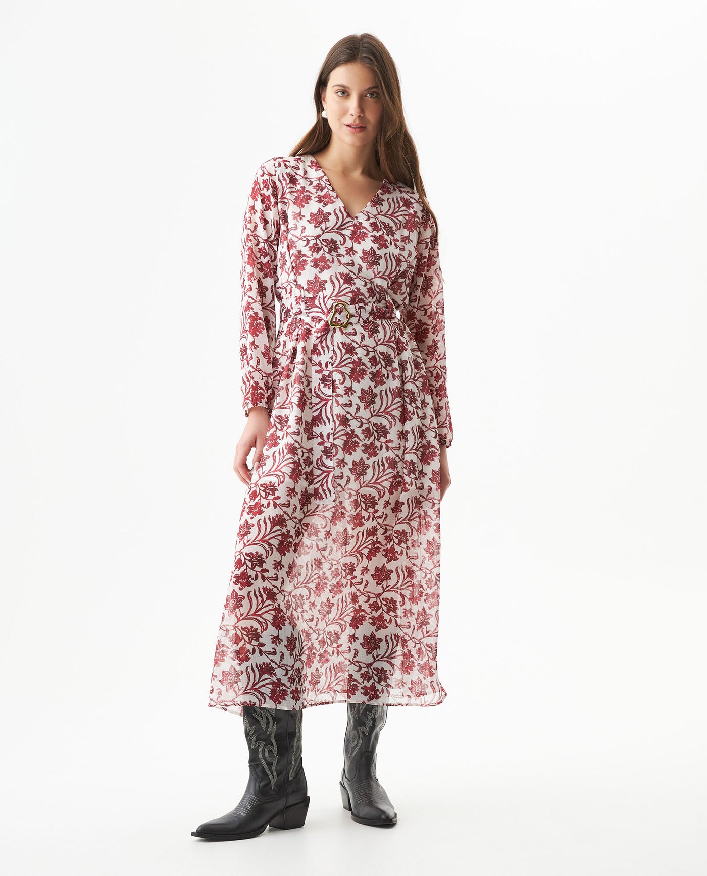 Women's Semi-Fitted Long Sleeve Belted Maxi Dress in Recycled Polyester Blend - 3