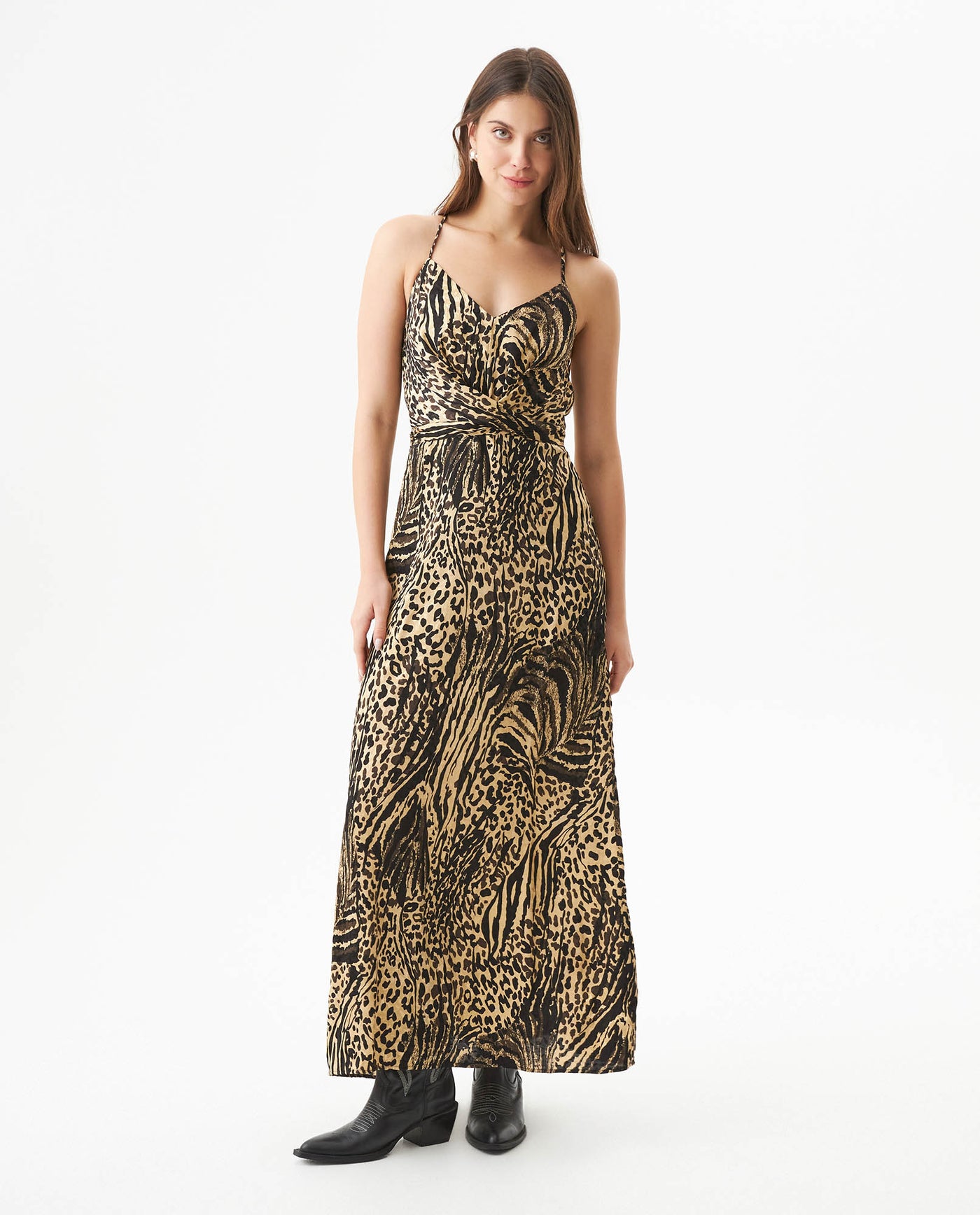 Women's Animal Print Cross-Strap Wide Maxi Dress in Viscose-Rayon Blend, Nightfall - 2