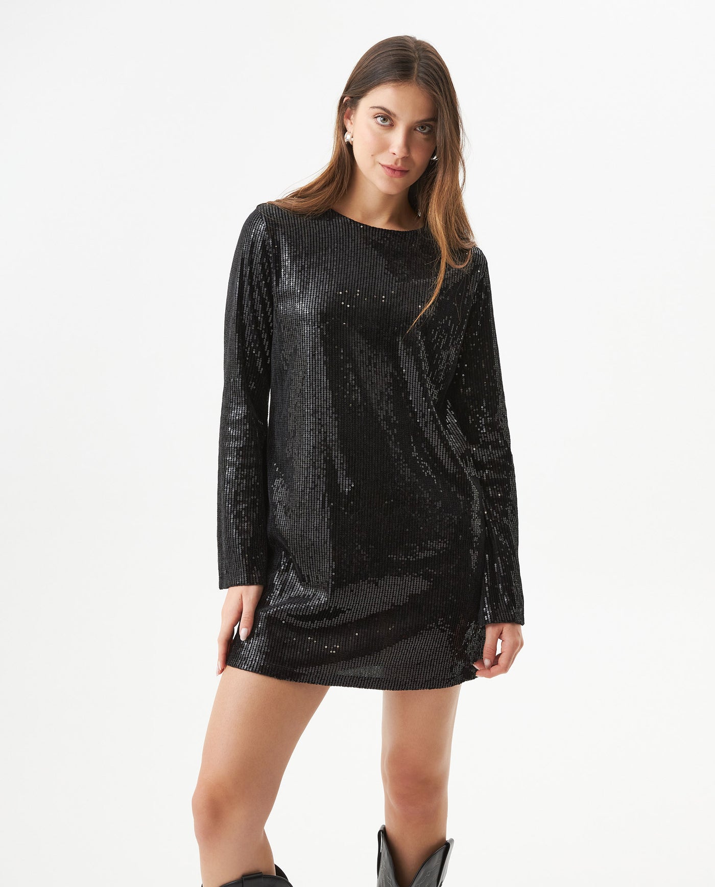 Women's Sequined Bell Sleeve Short Dress in Polyester Stretch Blend - 2