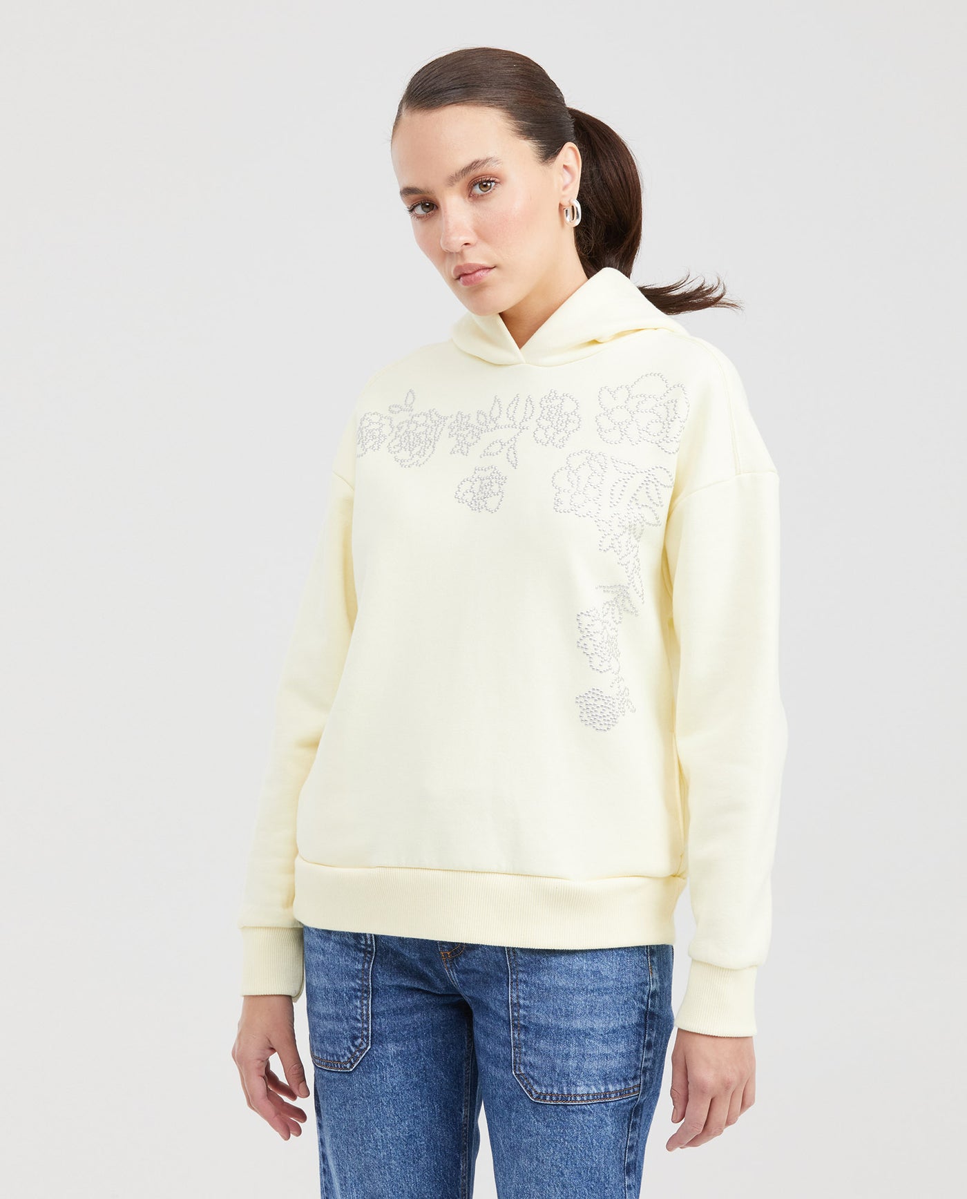 Women's Loose Fit Hoodie with Heat-Applied Studs in Cotton-Polyester Fleece - 1