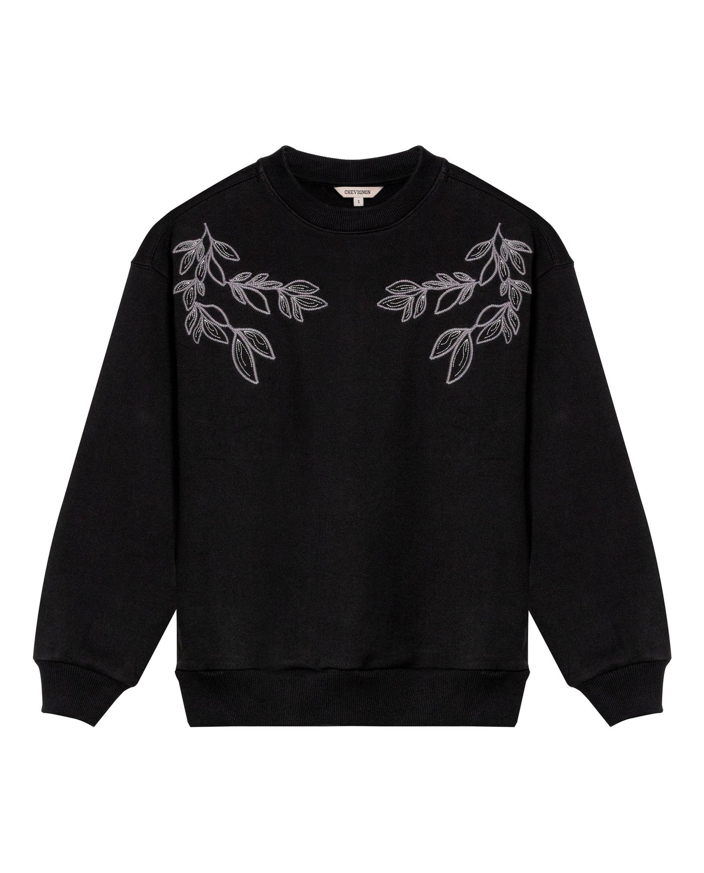 Womens Sweatshirt Closed Semi-Wide Cotton Blend Tone-on-Tone Floral Embroidery - Black 63_781H001_NEG194004_3