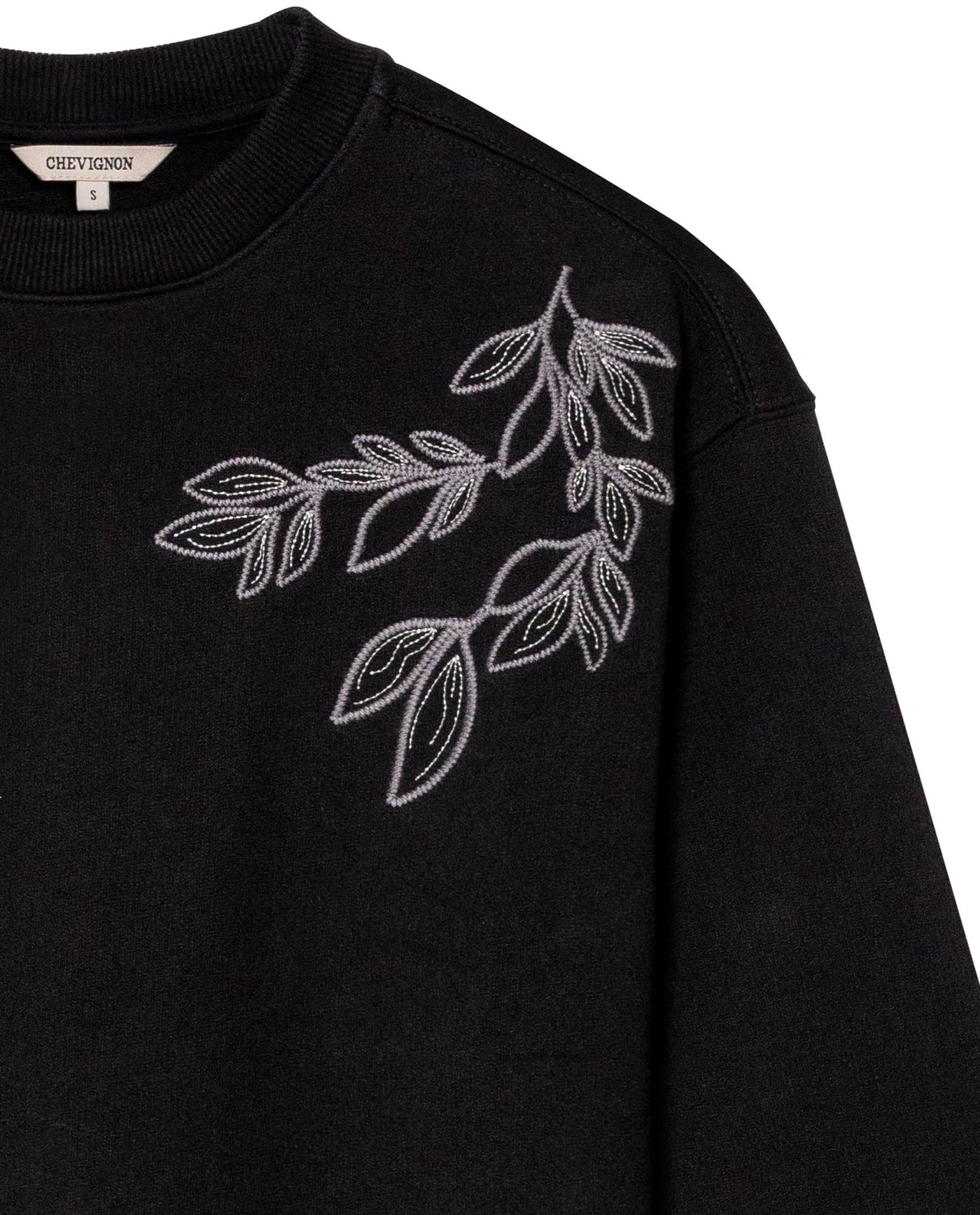 Womens Sweatshirt Closed Semi-Wide Cotton Blend Tone-on-Tone Floral Embroidery - Black 63_781H001_NEG194004_8