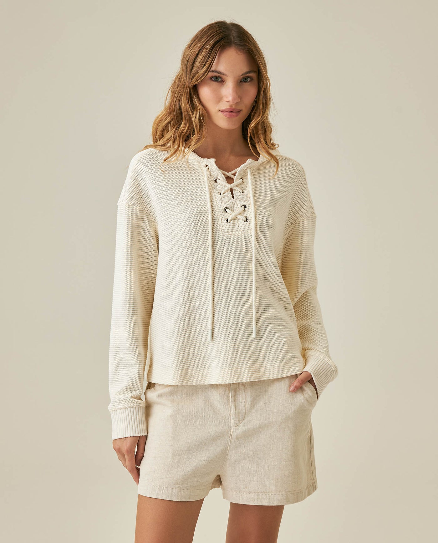 Womens Sweatshirt Closed Wide Silhouette Cotton Blend Waffle Texture - Raw 63_781H004_CRU114302_0