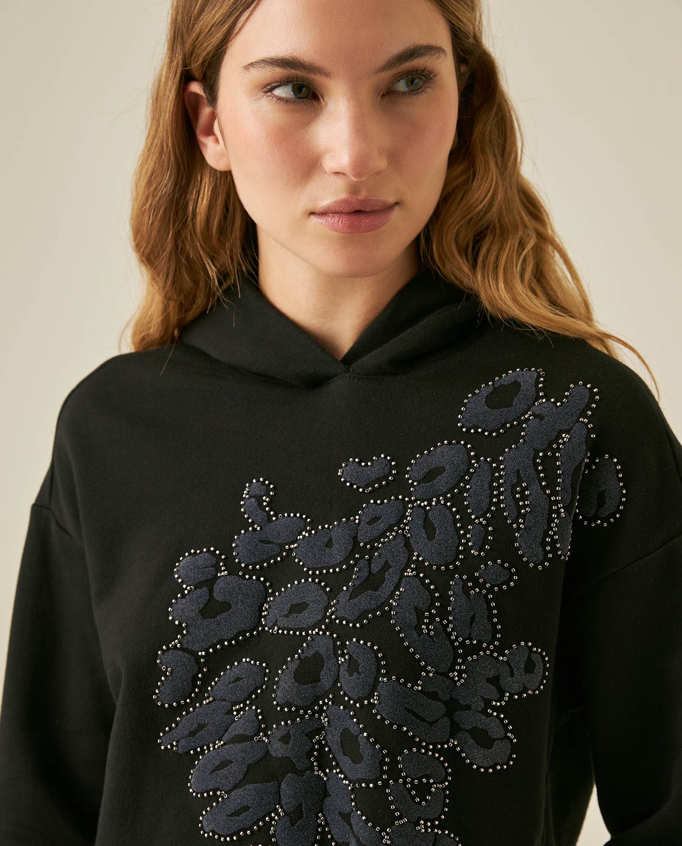 Womens Sweatshirt Hoodie Style Loose Fit Cotton Blend Animal Print Flock - Black 63_781H005_NEG194004_5