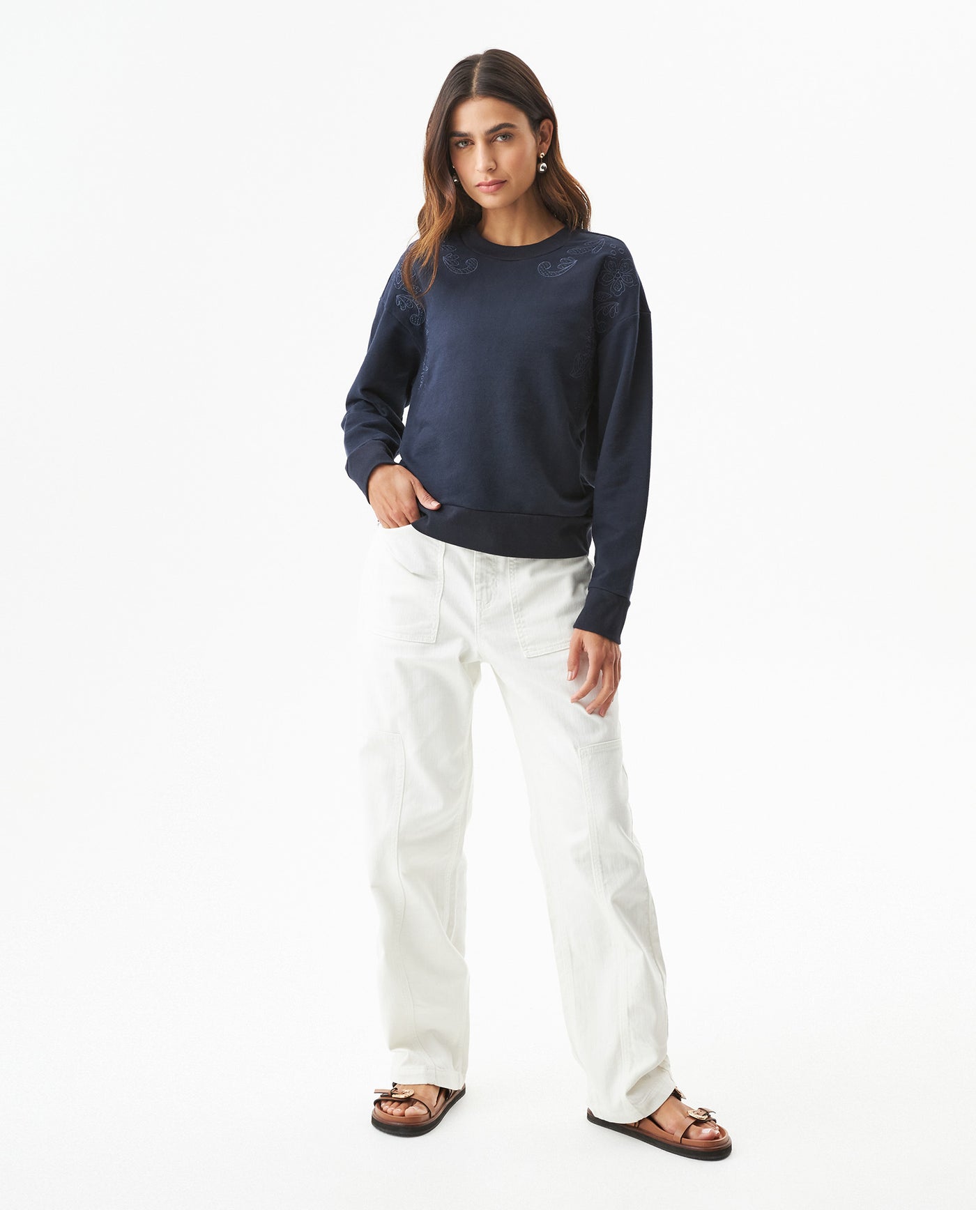 Women's Embroidered Crew Neck Sweatshirt in Cotton Stretch Blend Evening 63_789G001_AZU193924_4