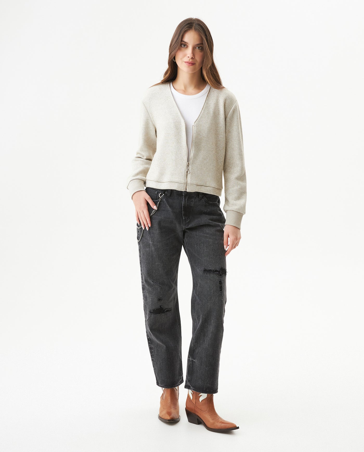 Women's Lurex Knit V-Neck Zip Cardigan in Cotton-Polyester Blend 63_789G003_CRU141106_4