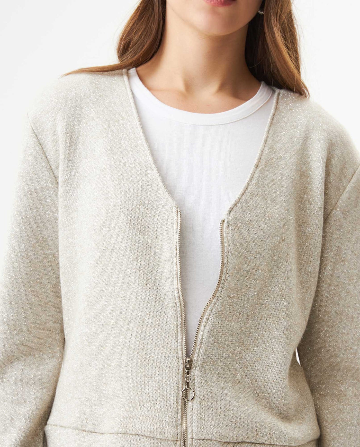 Women's Lurex Knit V-Neck Zip Cardigan in Cotton-Polyester Blend 63_789G003_CRU141106_5