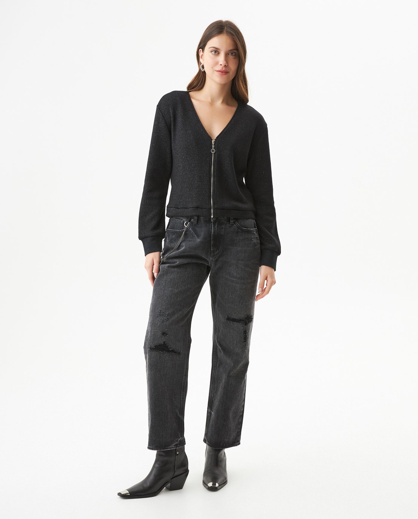 Women's Lurex Knit V-Neck Zip Cardigan in Cotton-Polyester Blend 63_789G003_NEG194007_4