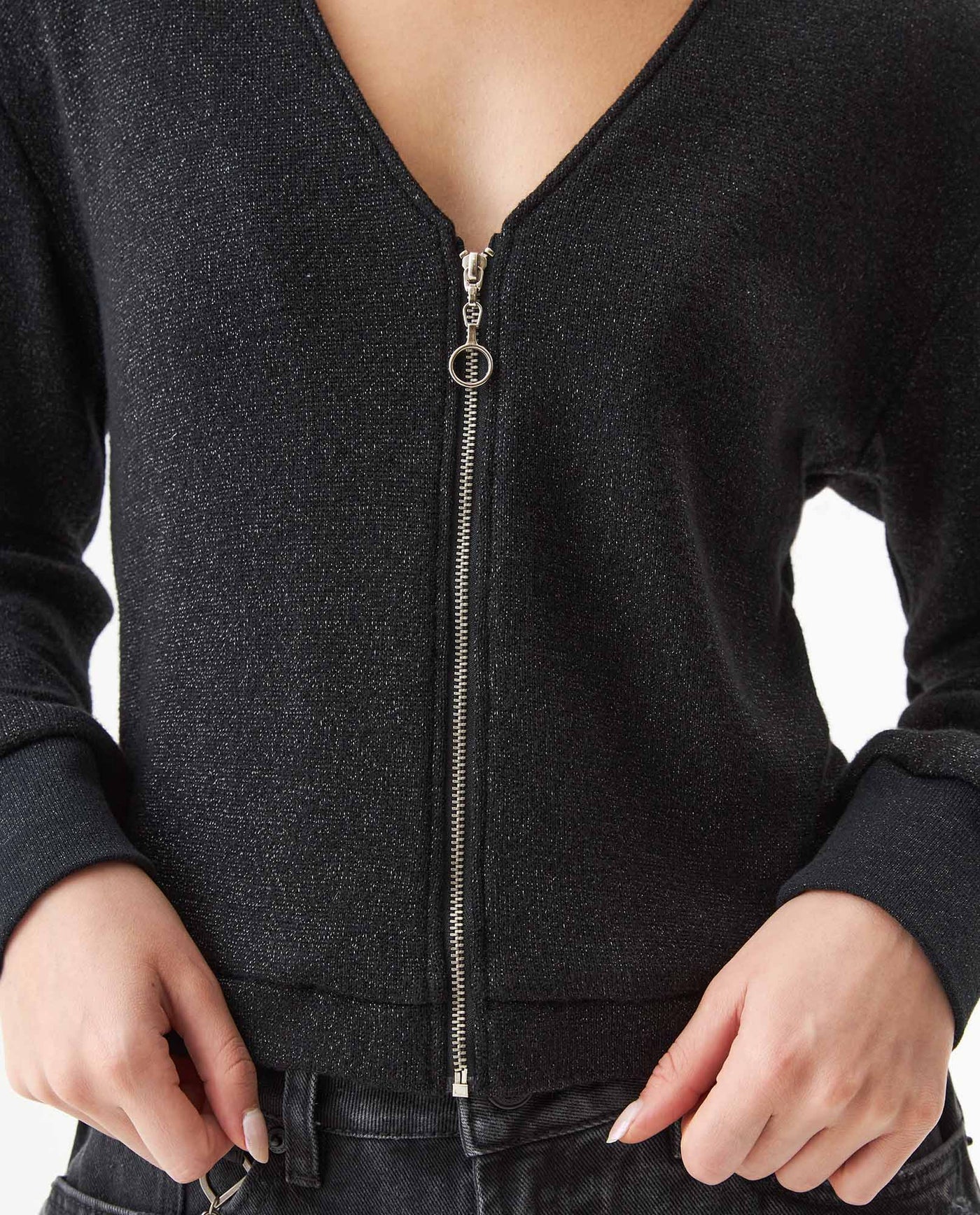 Women's Lurex Knit V-Neck Zip Cardigan in Cotton-Polyester Blend 63_789G003_NEG194007_5