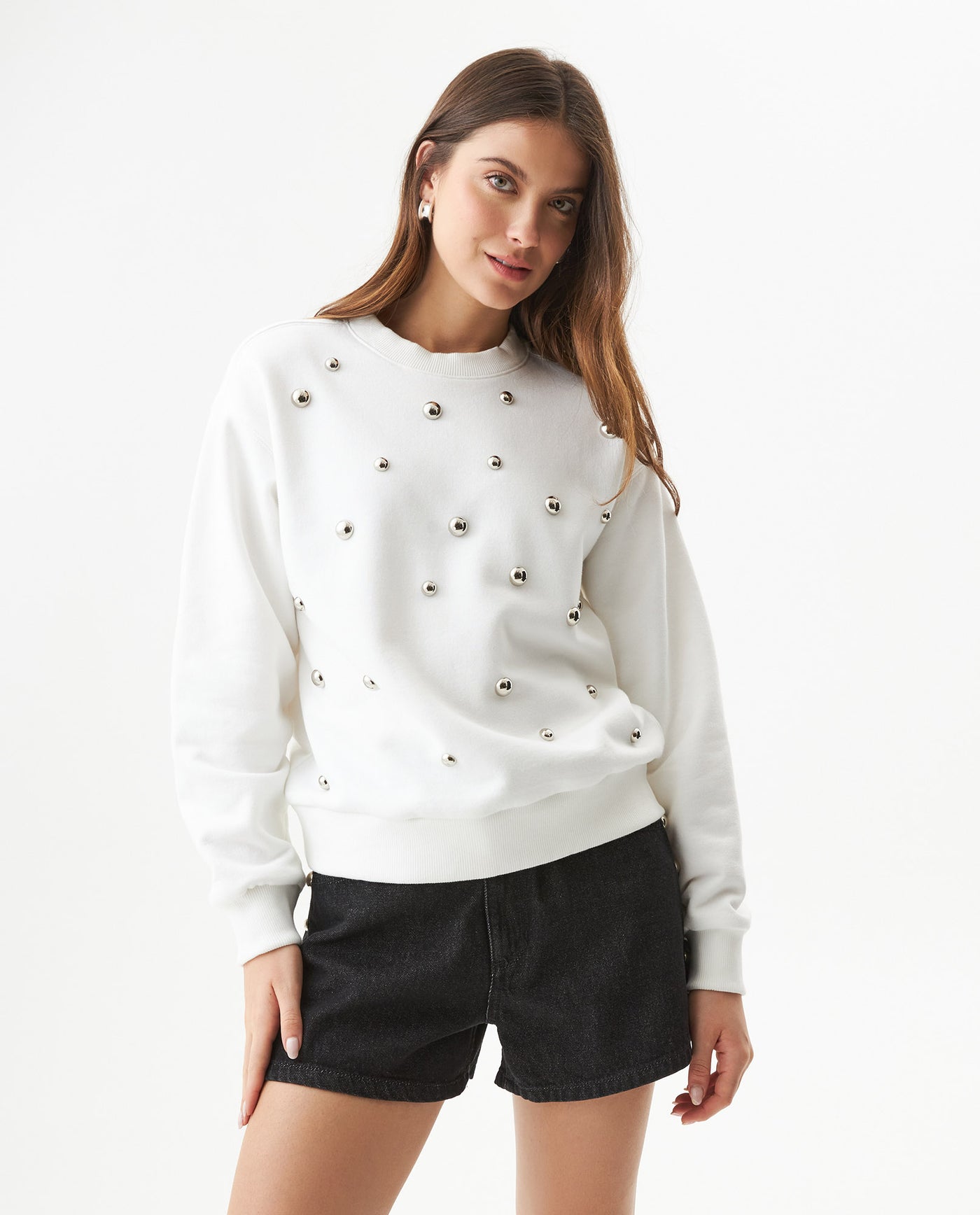 Women's Studded Oversized Crew Neck Sweatshirt in Cotton-Polyester Blend, Plaza - 1