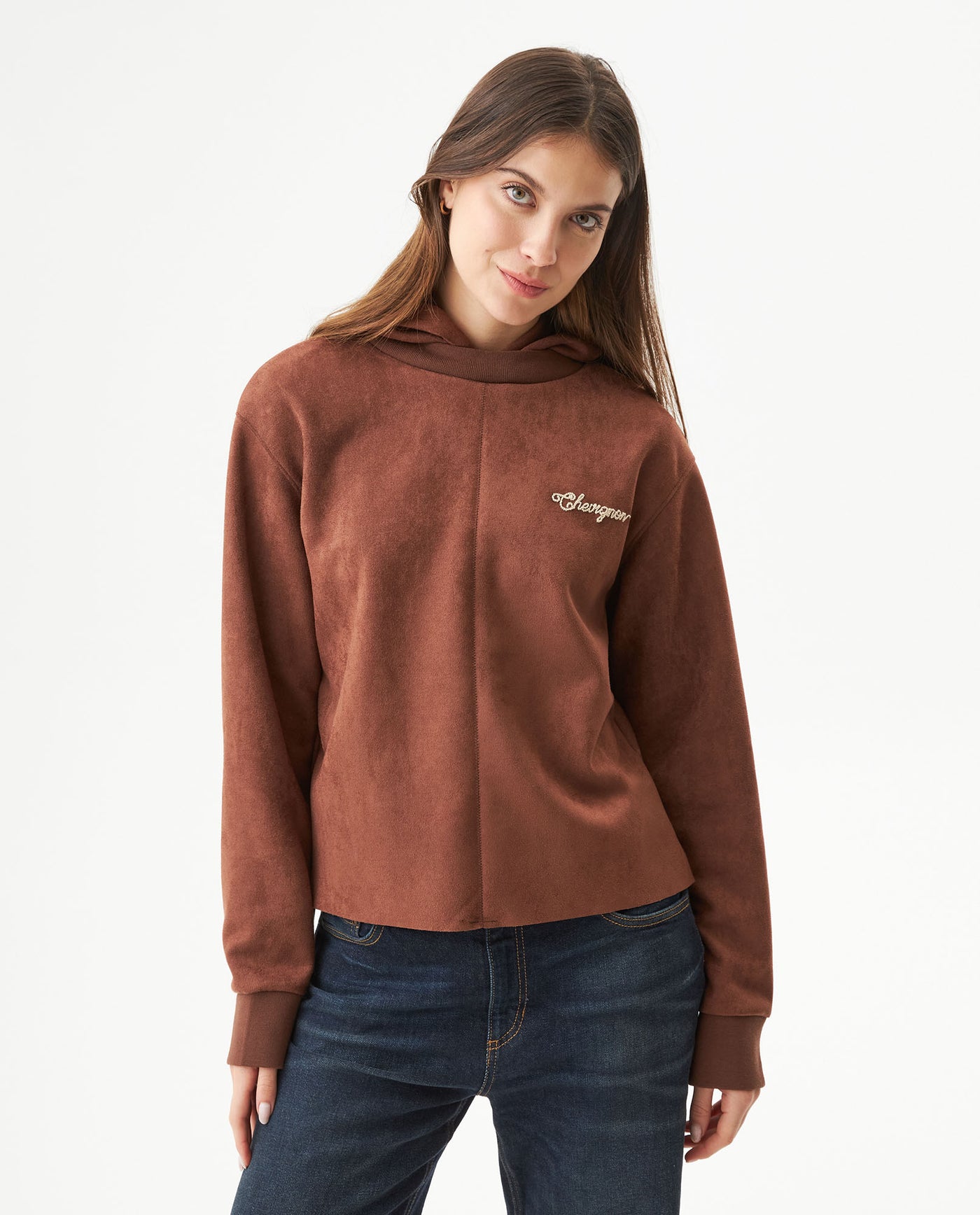 Women's Contrast Heart Embroidered Hooded Sweatshirt in Polyester Stretch Blend, Festive - 2