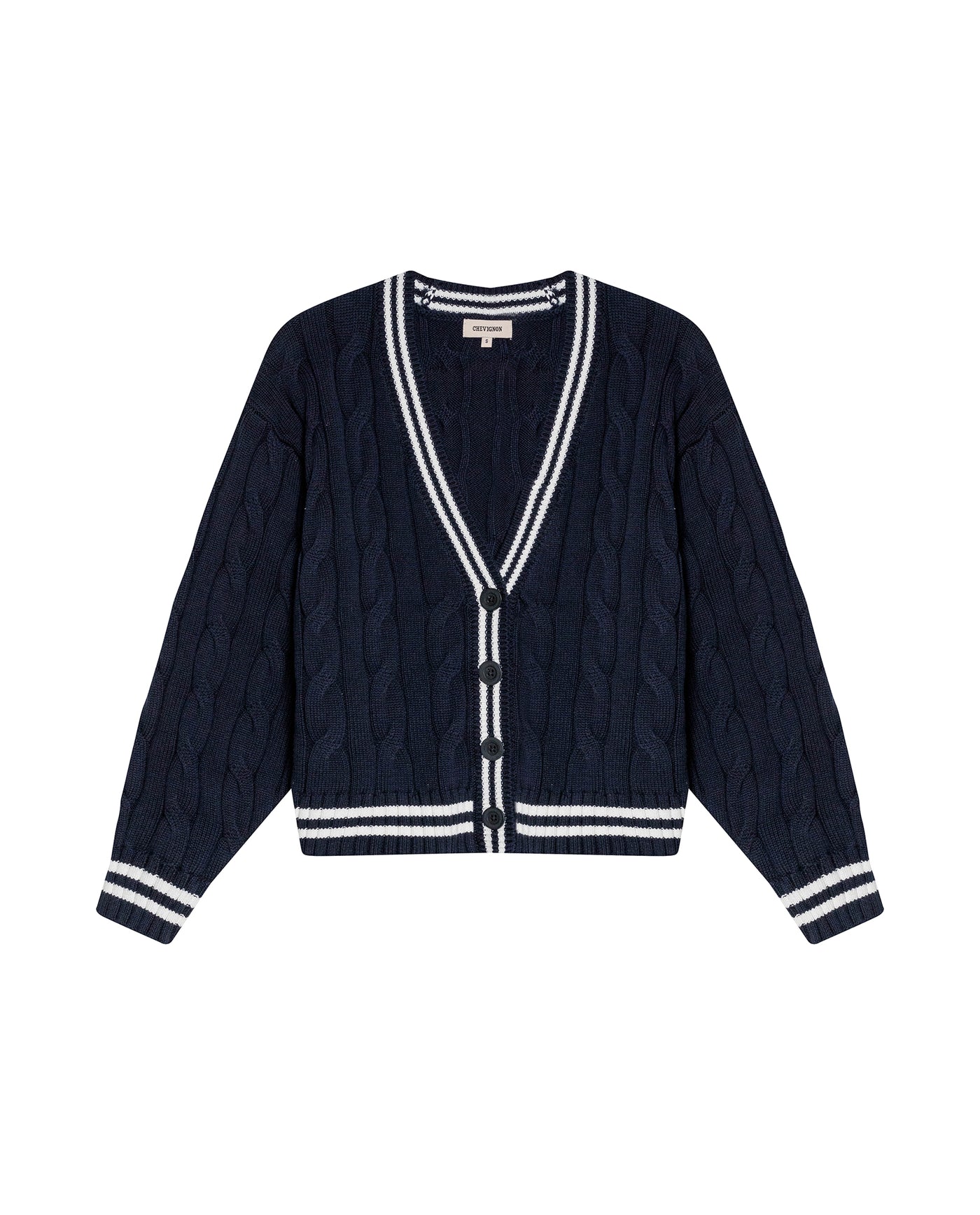 Womens Cardigan Knit Varsity Style Cotton Heavy Gauge Cable Stitch Tridimensional Contrast Stripes - Blue 63_791H003_AZU194030_3