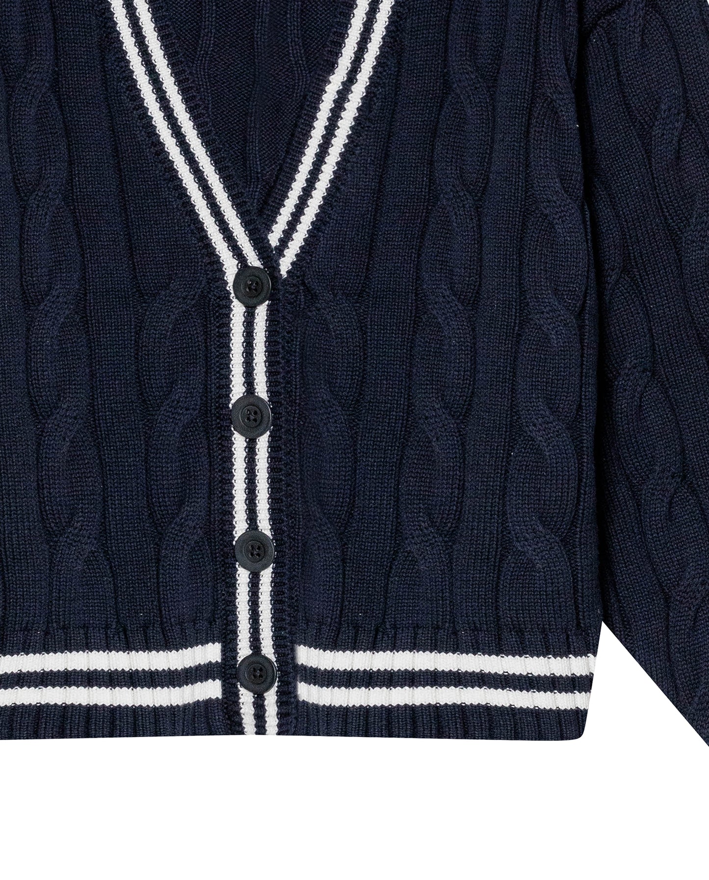 Womens Cardigan Knit Varsity Style Cotton Heavy Gauge Cable Stitch Tridimensional Contrast Stripes - Blue 63_791H003_AZU194030_8