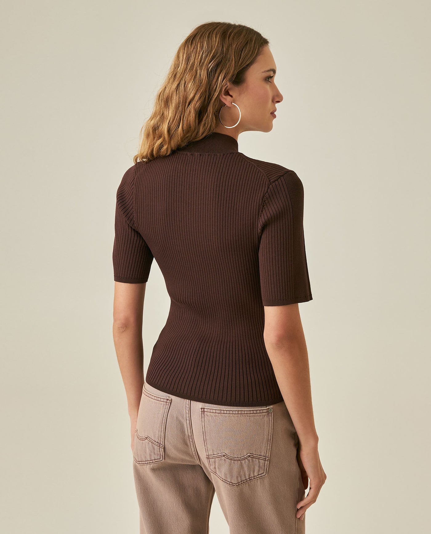 Womens Top Knit Ribbed Mandarin Collar Viscose Blend Super Lightweight Irregular Cuts Modern - Brown 63_791H006_CAF191016_6