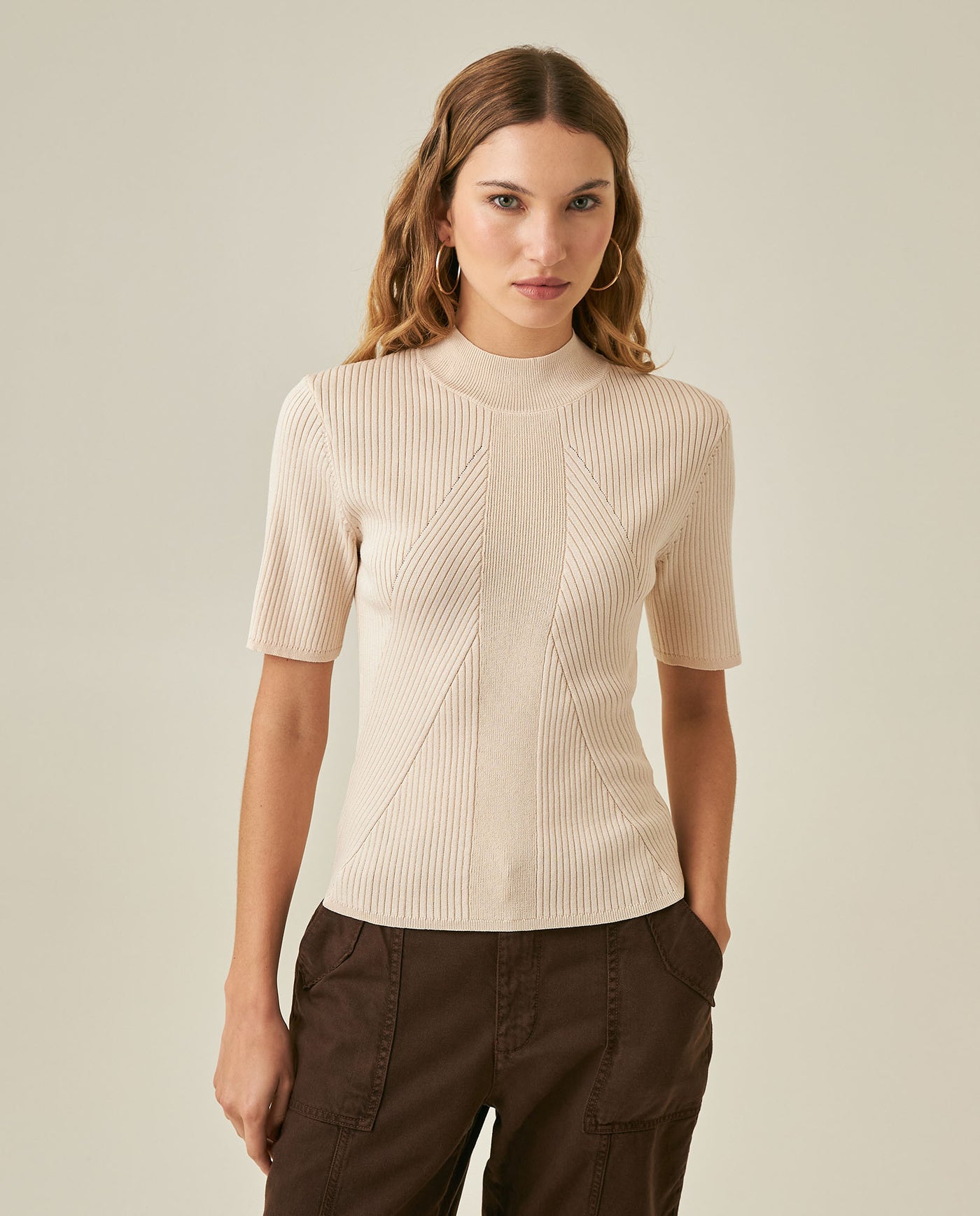 Womens Top Knit Ribbed Mandarin Collar Viscose Blend Super Lightweight Irregular Cuts Modern - Raw 63_791H006_CRU110103_0