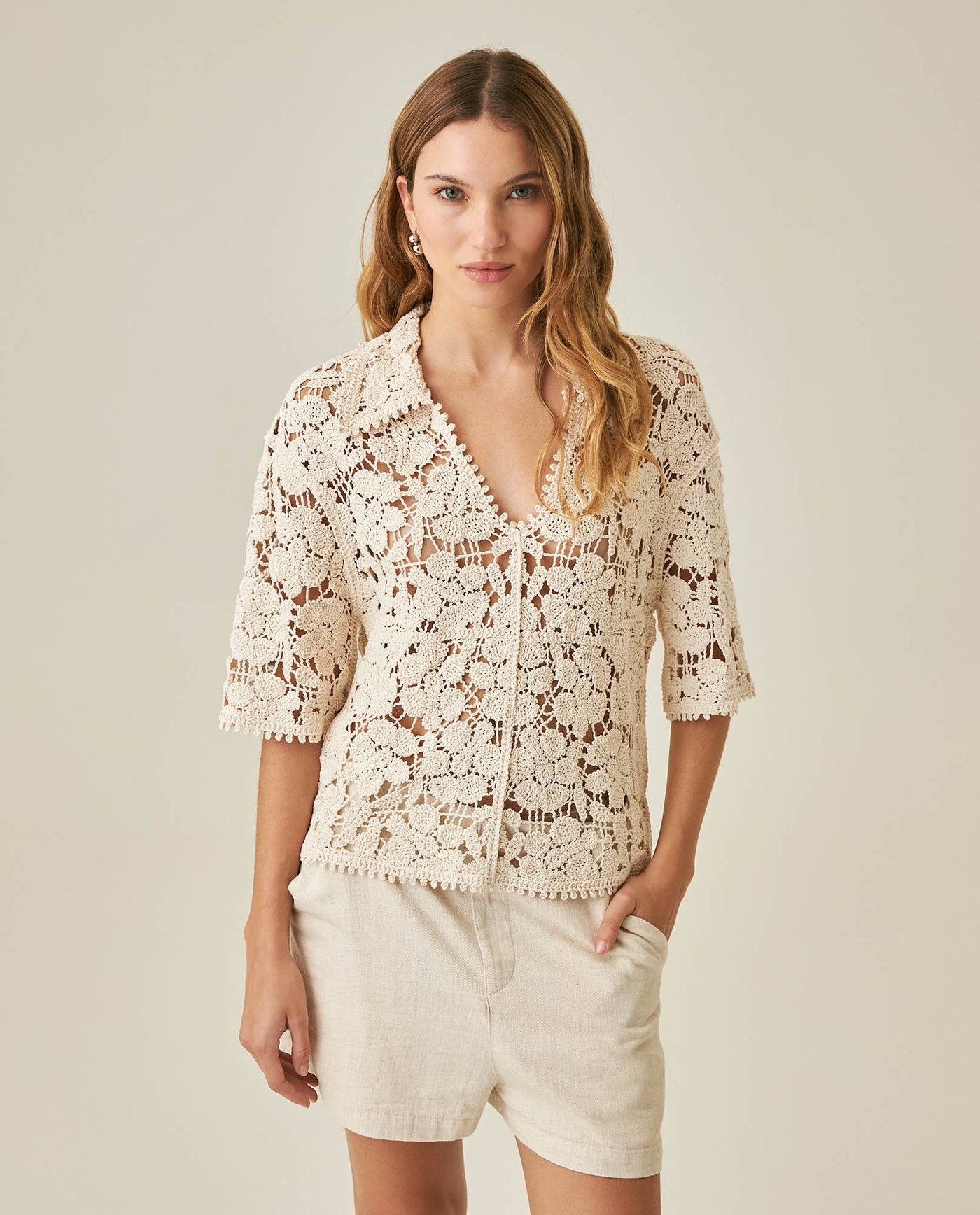 Womens Shirt Knit Crochet Style Cotton–Elastane Wide Sleeves V-Neck Shirt Collar - Raw 63_791H007_CRU110103_0
