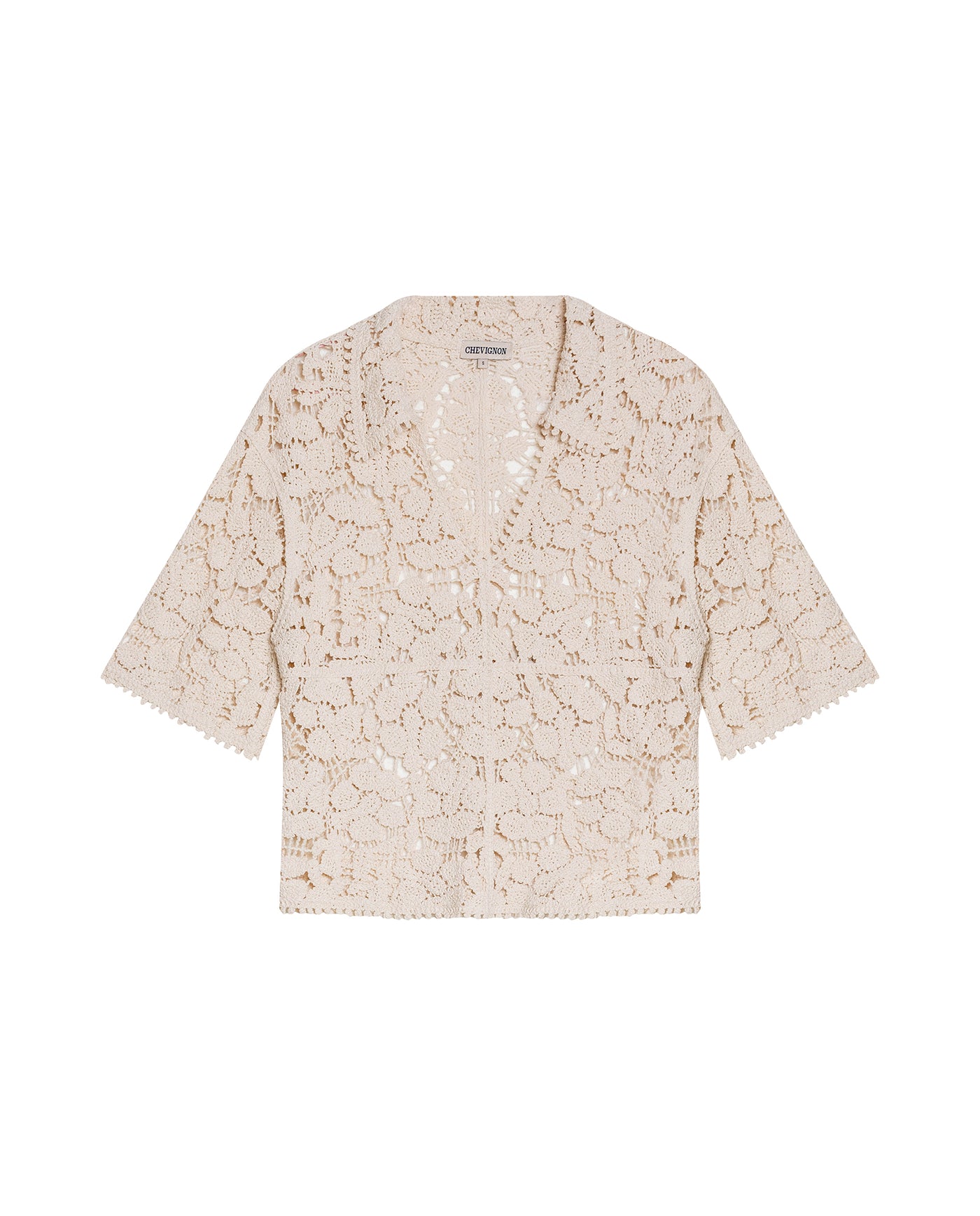 Womens Shirt Knit Crochet Style Cotton–Elastane Wide Sleeves V-Neck Shirt Collar - Raw 63_791H007_CRU110103_3