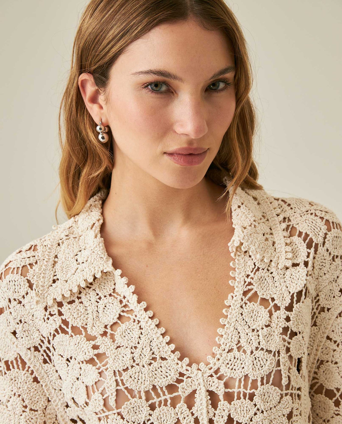 Womens Shirt Knit Crochet Style Cotton–Elastane Wide Sleeves V-Neck Shirt Collar - Raw 63_791H007_CRU110103_5