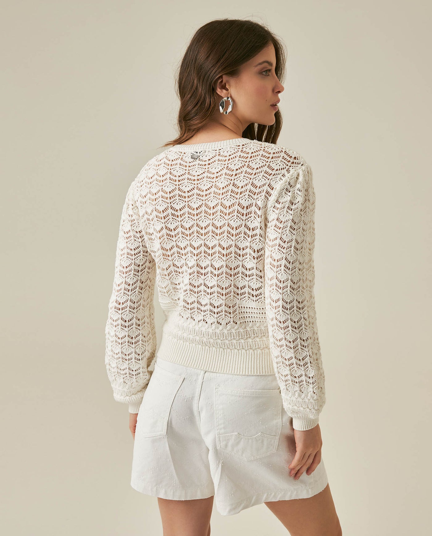 Womens Cardigan Knit Bomber Silhouette Cotton Medium Gauge Openwork Stitch Artisan Covered Buttons - Raw 63_791H008_CRU110103_6