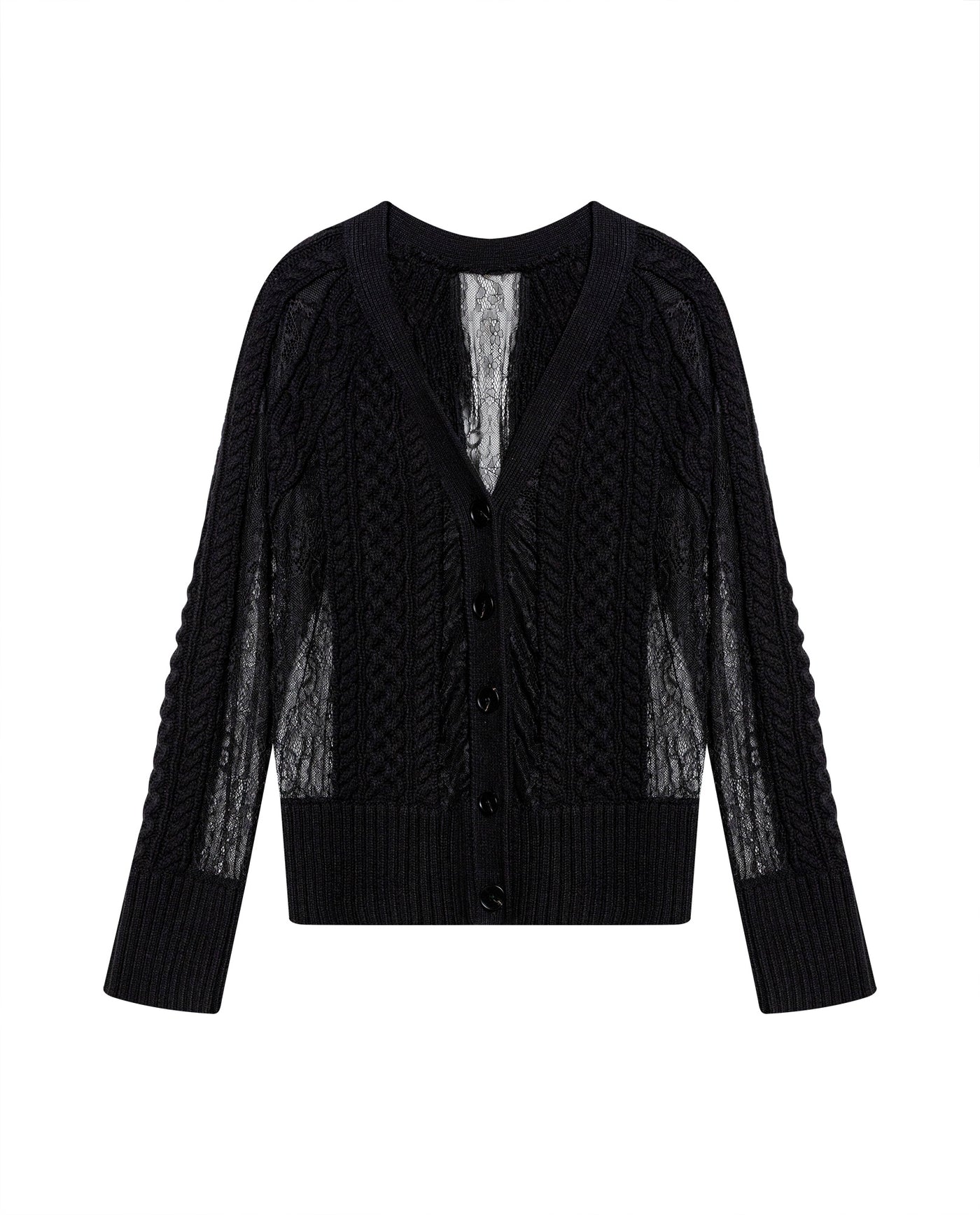 Womens Cardigan Deep V-Neck Cotton–Acrylic Heavy Gauge Lace Cable Mix Sophisticated Glamorous - Black 63_791H009_NEG194007_3