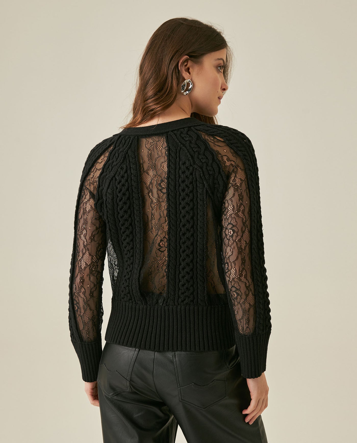 Womens Cardigan Deep V-Neck Cotton–Acrylic Heavy Gauge Lace Cable Mix Sophisticated Glamorous - Black 63_791H009_NEG194007_6