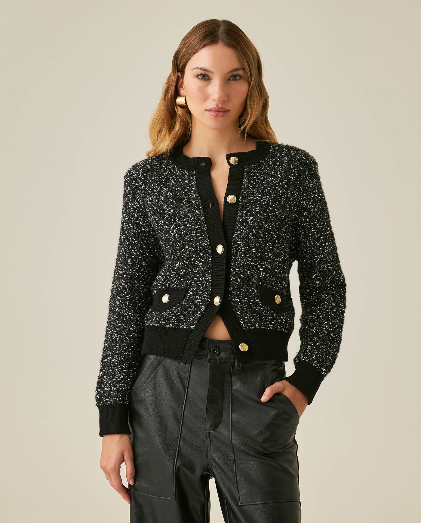 Womens Cardigan Crewneck Knit Looped Texture Polyester Blend - Black 63_791H012_NEG194007_0