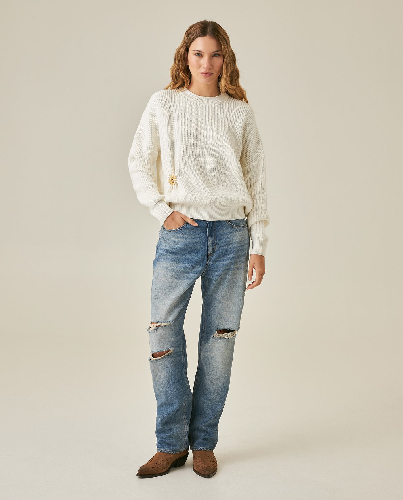 Womens Sweater Knit Acrylic Blend English Stitch Displaced Armhole Removable Pin Ribbed Cuffs - Mothers - Raw 63_791H015_CRU110103_4