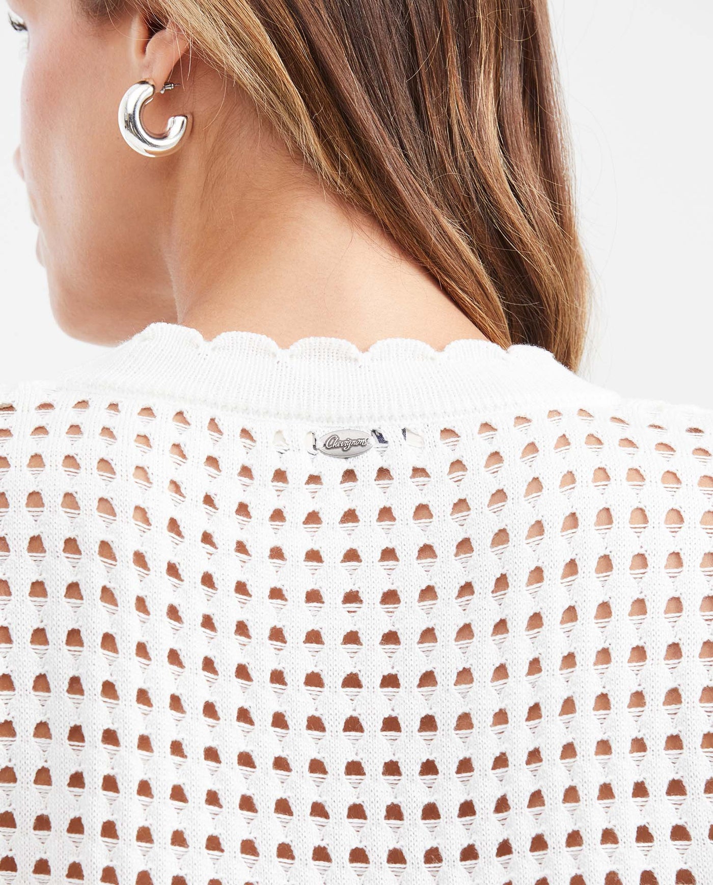 Women's Straight Fit Openwork Knit T-Shirt with Berry Details in Modal - 5