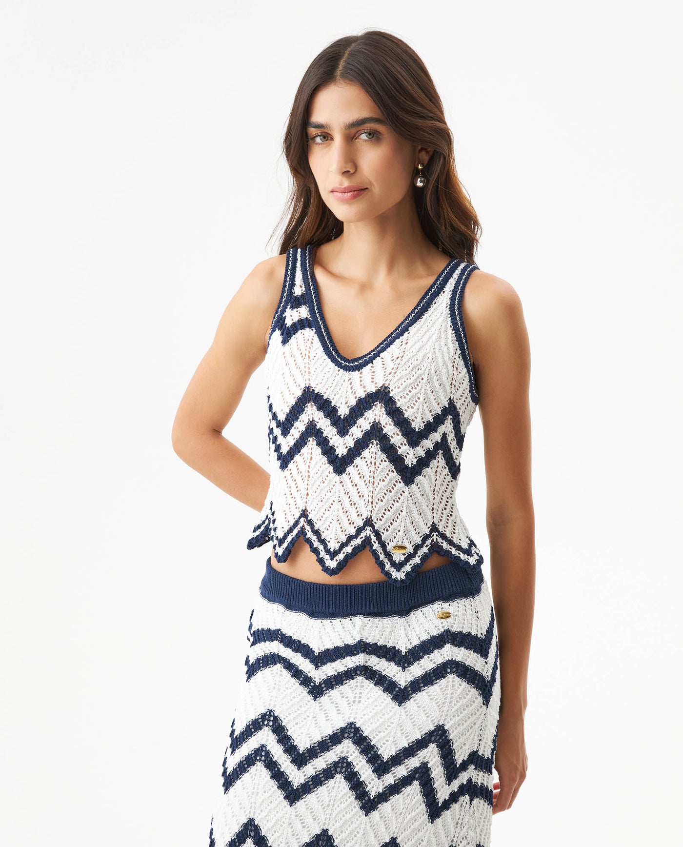 Women's Artisanal Crochet 2-Piece Set Knit Top in Polyester-Cotton Blend, Moonlight - 2