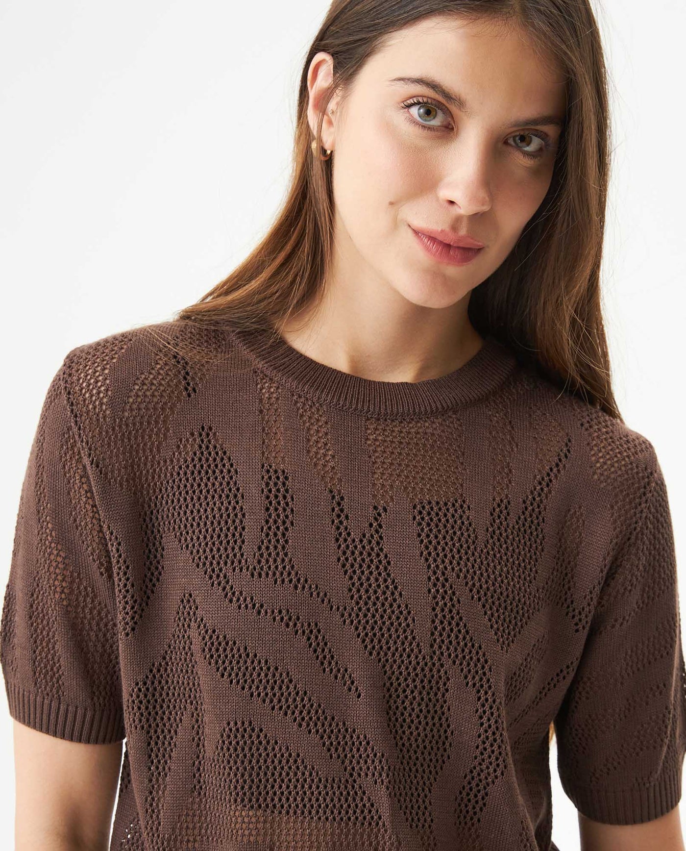 Women's Animal Print Intarsia Short Sleeve Knit Top in Acrylic-Modal Blend - 4