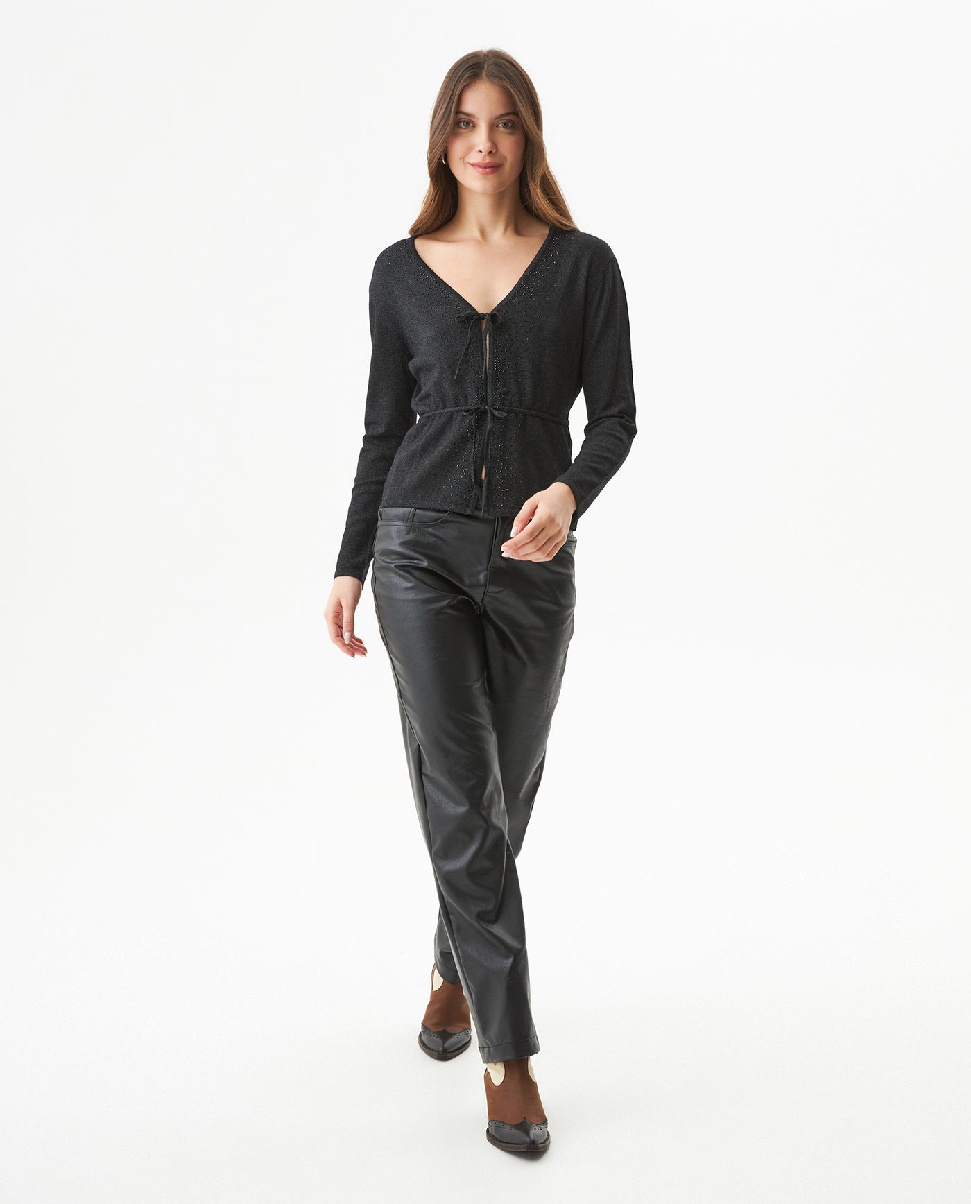 Women's Silver Thread Bow Detail Cardigan in Viscose-Polyester Blend 63_799G009_NEG194007_4