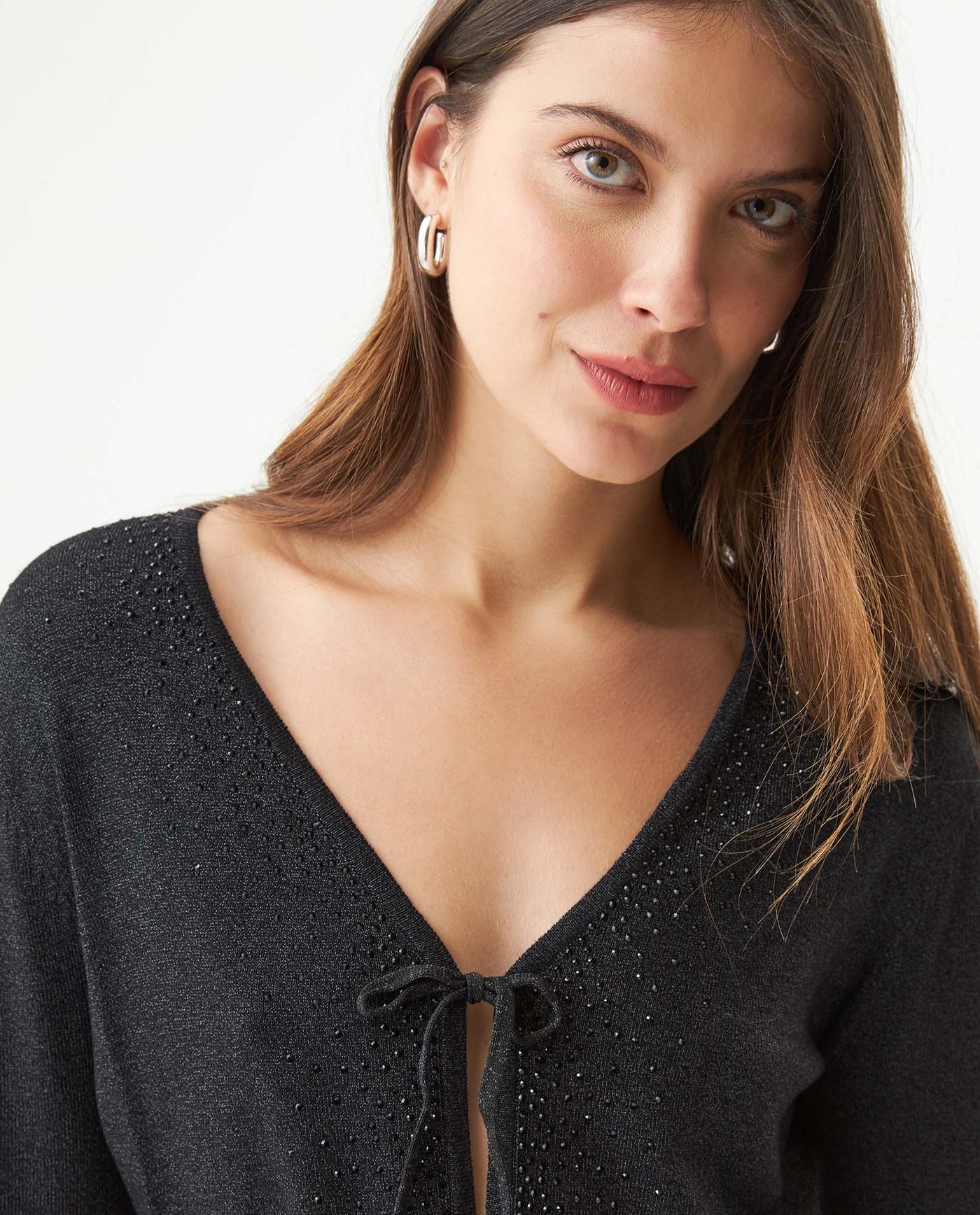 Women's Silver Thread Bow Detail Cardigan in Viscose-Polyester Blend 63_799G009_NEG194007_5