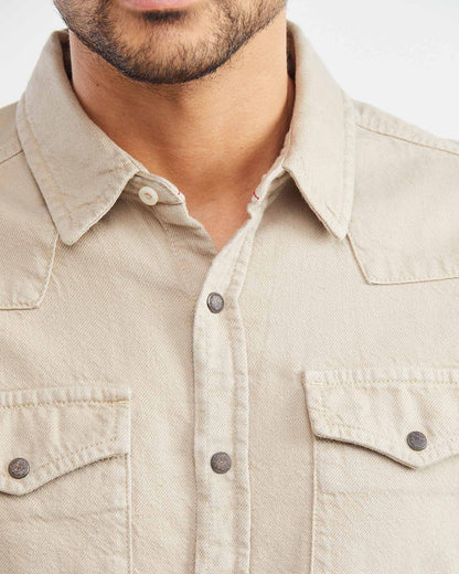 SLIM COTTON UTILITY SHIRT IN BEIGE