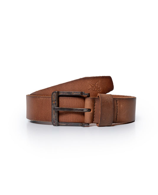 Mens Rodeo Belt Artisan Waxed Cowhide Leather Vintage Amber Buckle - Brown 63_011H003_CAF191325_0