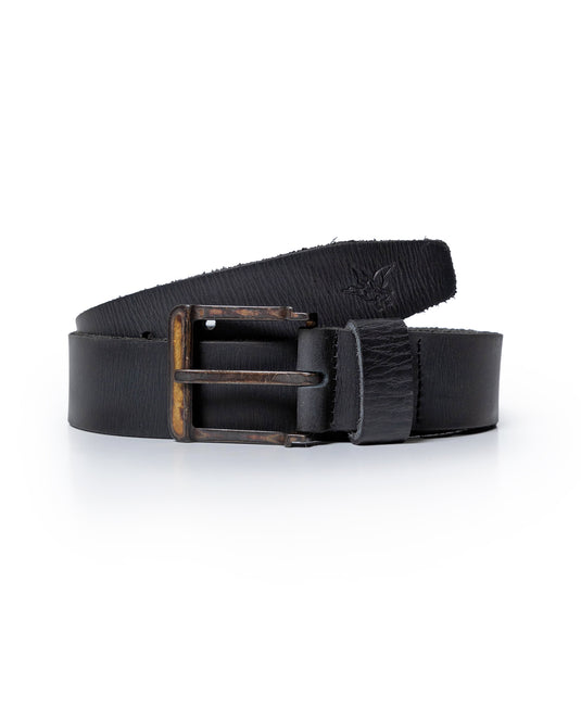 Mens Rodeo Belt Artisan Waxed Cowhide Leather Vintage Amber Buckle - Black 63_011H003_NEG194007_0