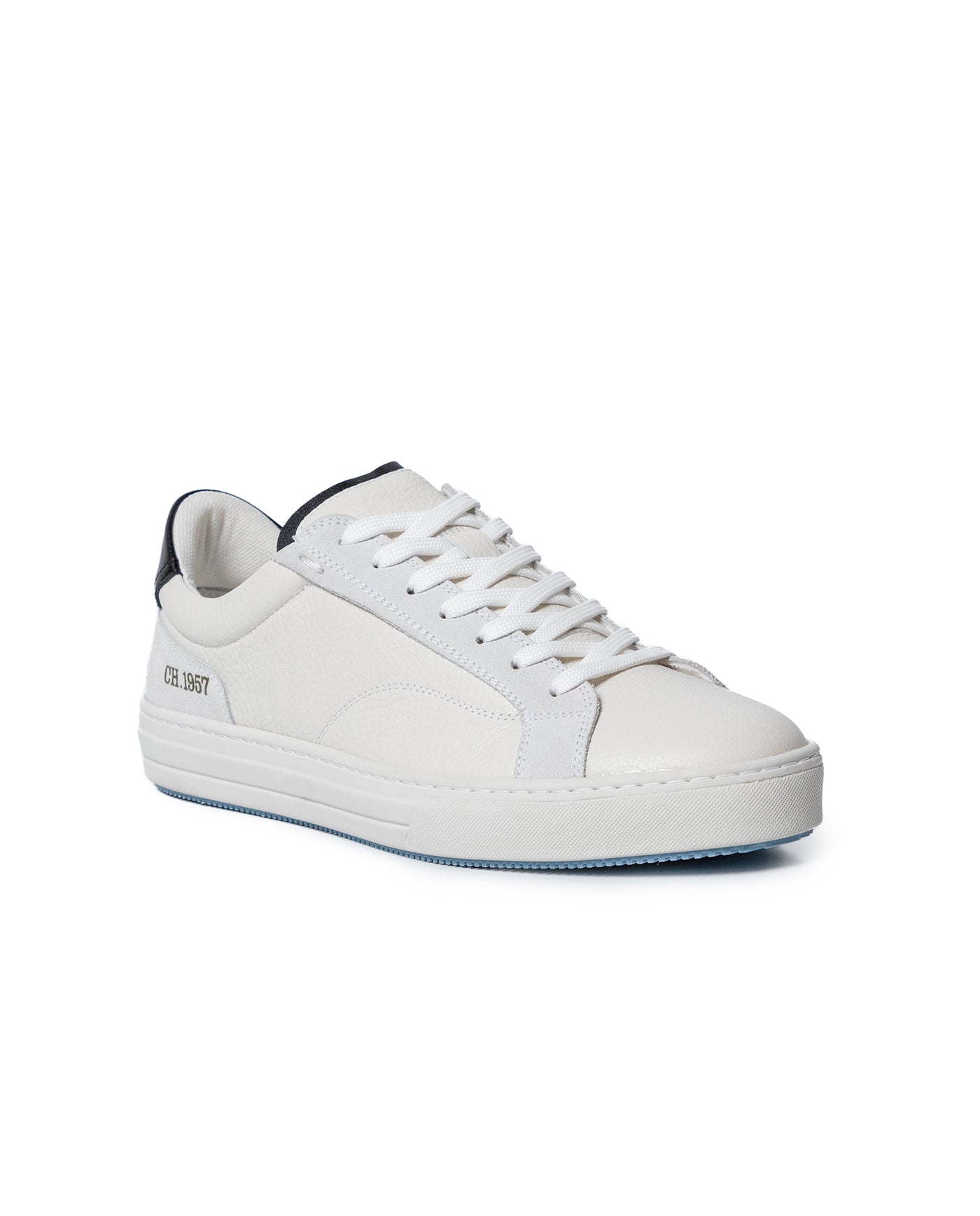 Mens Sneakers Flat Natural Grain Leather Suede Double Tongue Bicolor Rubber Sole - White 63_061H013_BLA110601_3