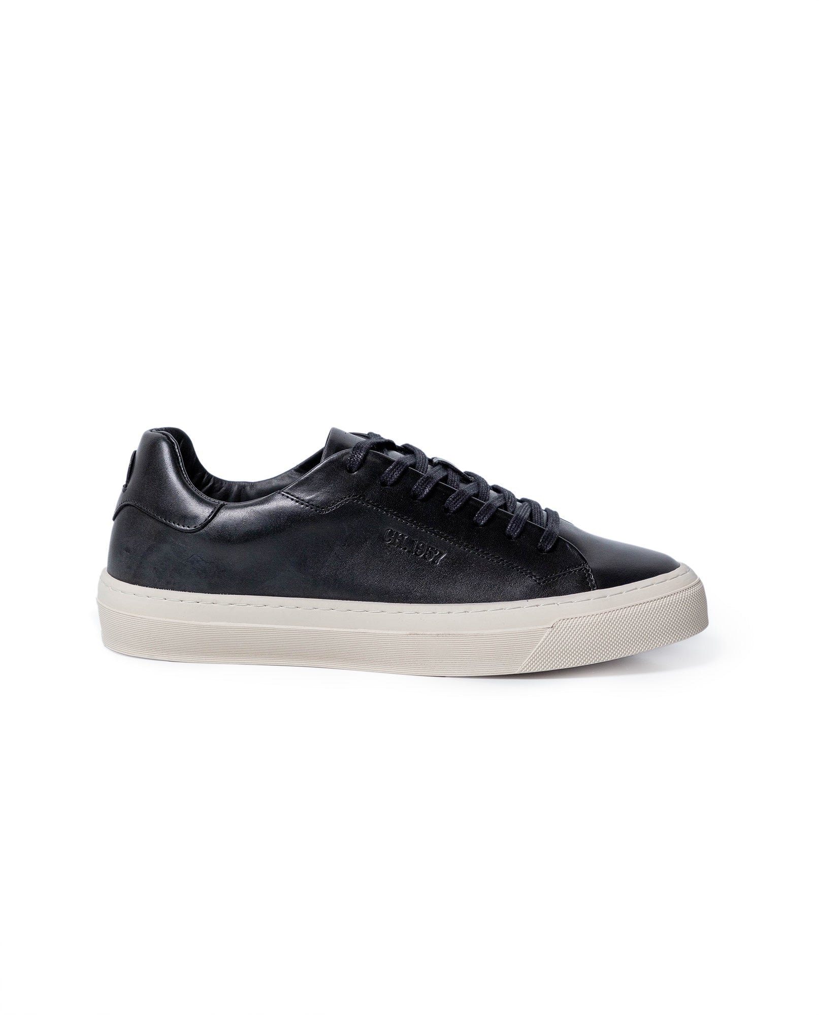 Mens Sneakers Flat Natural Finish Aniline Leather Interior Linings Rubber Sole Tone on Tone Laces - Black 63_061H016_NEG194007_4