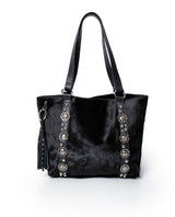Womens Tote Bag Cowhide Leather Hair-On Black Tone Western Conchos Nickel Metal Clasp Charms - Black 63_201H000_NEG194007_0