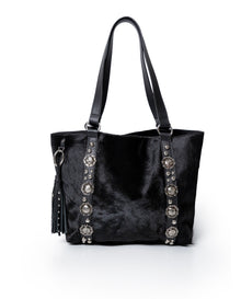 Womens Tote Bag Cowhide Leather Hair-On Black Tone Western Conchos Nickel Metal Clasp Charms - Black 63_201H000_NEG194007_0