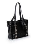 Womens Tote Bag Cowhide Leather Hair-On Black Tone Western Conchos Nickel Metal Clasp Charms - Black 63_201H000_NEG194007_3