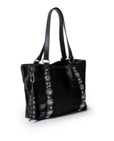 Womens Tote Bag Cowhide Leather Hair-On Black Tone Western Conchos Nickel Metal Clasp Charms - Black 63_201H000_NEG194007_3