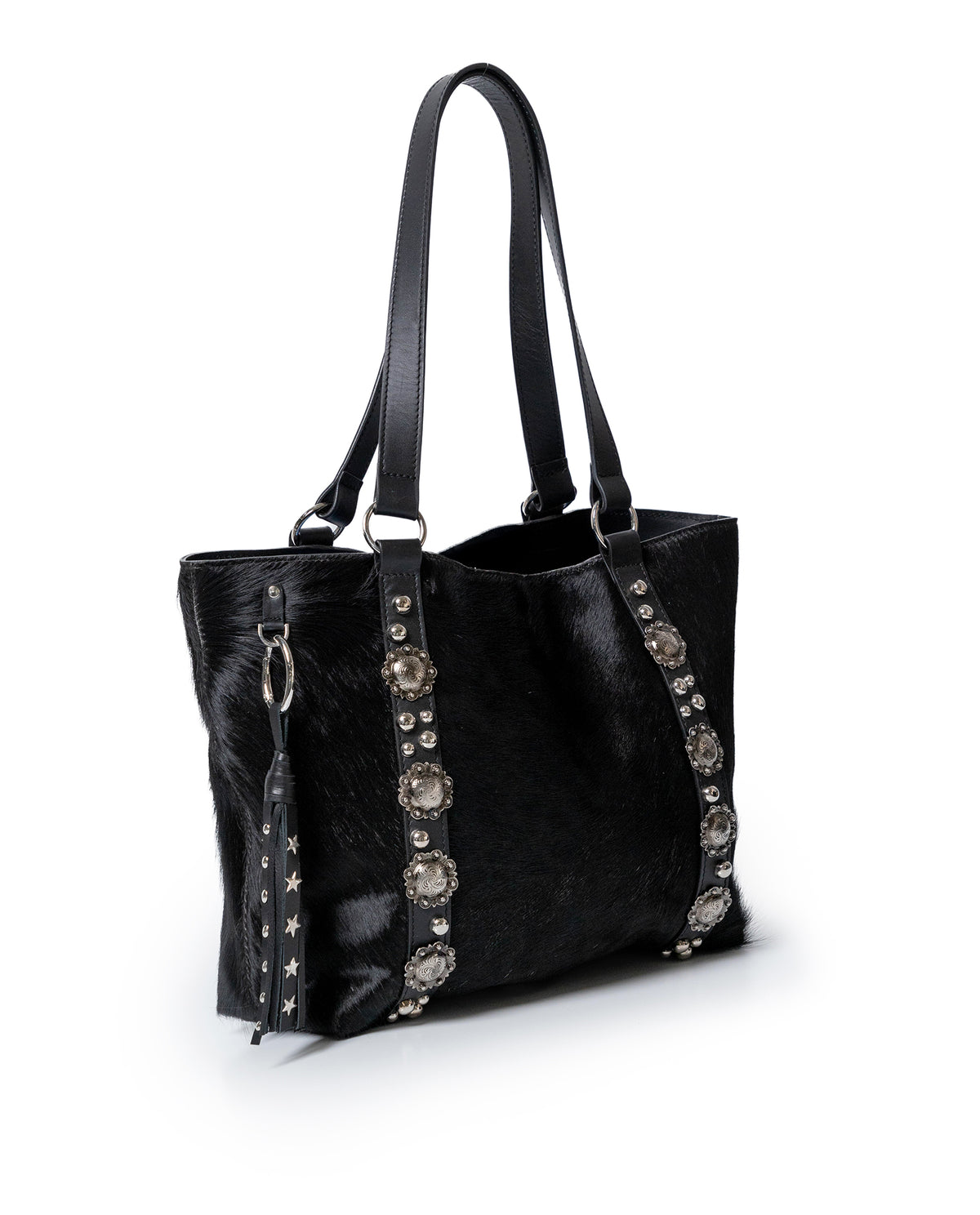 Womens Tote Bag Cowhide Leather Hair-On Black Tone Western Conchos Nickel Metal Clasp Charms - Black 63_201H000_NEG194007_3