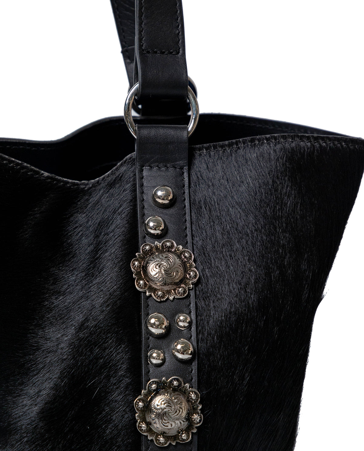 Womens Tote Bag Cowhide Leather Hair-On Black Tone Western Conchos Nickel Metal Clasp Charms - Black 63_201H000_NEG194007_4